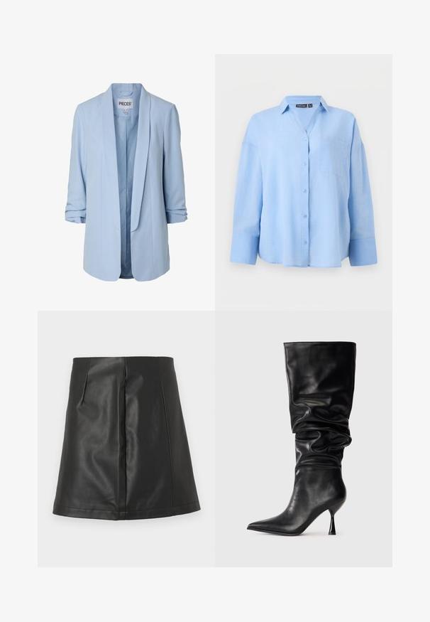 Veste blazer pour femme bleu clair avec manches retroussées et devant ouvert, dotée d'un col lisse et d'une doublure intérieure.; Chemise bleu clair à manches longues, boutonnée, avec col et poche poitrine, présentée sur un fond clair uni.; Mini-jupe trapèze en similicuir noir avec détails de couture avant sur fond blanc.; Botte noire en cuir, hauteur genou, avec un design ample, bout pointu et talon aiguille fin, présentant une texture lisse et des accents minimaux.