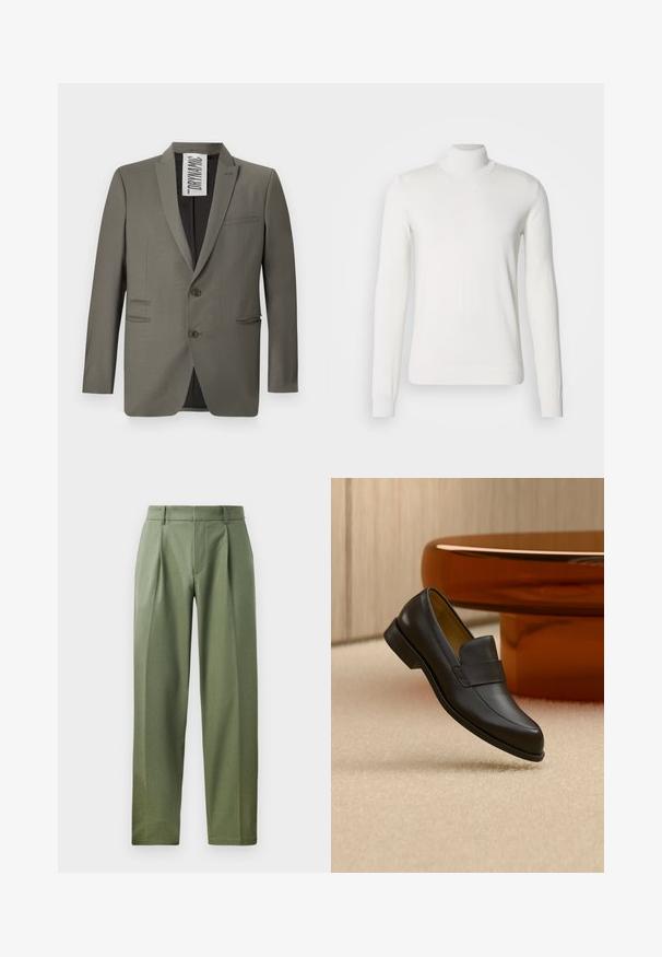 Blazer gris con un corte entallado, dos botones, solapas de muesca y bolsillos laterales; textura suave con un brillo sutil.; Suéter blanco de cuello alto hecho de tela de punto acanalado. Presenta mangas largas, un diseño ajustado y una textura suave.; Pantalones a medida en tejido verde olivo con una textura suave, que cuentan con dos pliegues frontales, trabillas para el cinturón y un diseño de pierna recta.; Zapato mocasín de cuero negro con tacón bajo flotando sobre suelo alfombrado beige cerca de una mesa redonda marrón.
