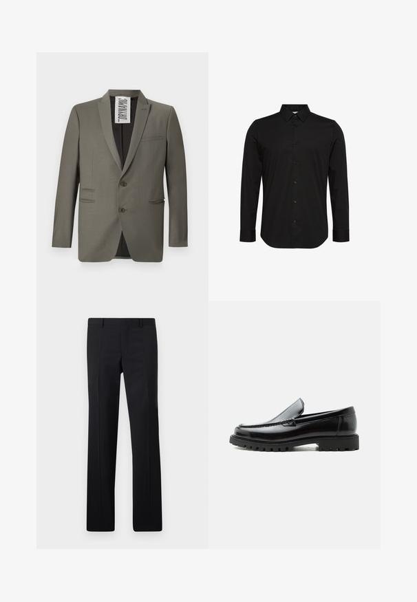 Blazer gris con un corte entallado, dos botones, solapas de muesca y bolsillos laterales; textura suave con un brillo sutil.; Camisa negra de manga larga hecha de tela suave, con un cuello puntiagudo, cierre frontal con botones y un pequeño logo en el pecho.; Pantalones negros ajustados con un diseño de pierna recta, pliegues marcados y un acabado suave. Fabricados en tejido ligero con una cintura limpia.; Mocasín de cuero negro con suela de goma gruesa, empeine cosido y nombre de la marca en relieve en el talón, mostrado en perfil lateral sobre fondo blanco.