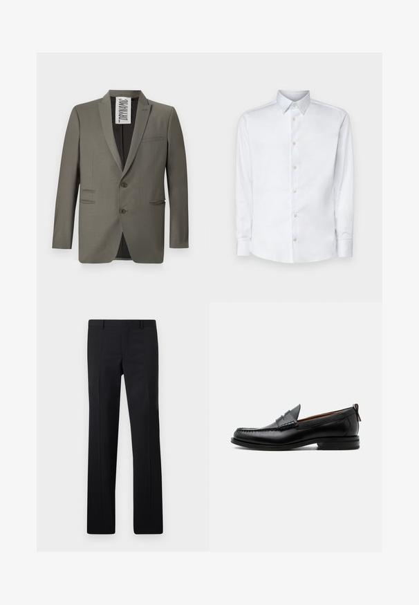 Grå blazer med skræddersyet pasform, to knapper, stiklapeller og sidelommer; glat tekstur med en subtil glans.; Hvid langærmet skjorte lavet af glat stof, med en klassisk krave, knaplukning og manchetter med knapper, vist på en ensfarvet baggrund.; Sorte skræddersyede bukser med et lige ben design, skarpe folder og en glat overflade. Fremstillet af letvægtsstof med en ren talje.; Sort læder herre loafer med moc-tå syning, penny strop, struktureret krave og lav stablet hæl på hvid baggrund.