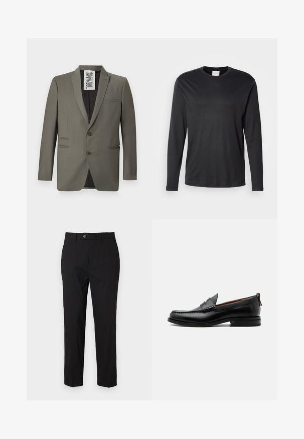 Blazer gris con un corte entallado, dos botones, solapas de muesca y bolsillos laterales; textura suave con un brillo sutil.; Camisa negra de manga larga y cuello redondo de Calvin Klein con pequeño logo CK en el lado izquierdo del pecho, mostrada sobre un fondo blanco liso.; Pantalones negros de tela suave, con cierre de botón, trabillas para cinturón y dos bolsillos laterales. Diseño de pierna recta con un detalle mínimo.; Mocasín de hombre de piel negra con costura moc toe, tira penny, cuello texturizado y tacón bajo apilado sobre fondo blanco.