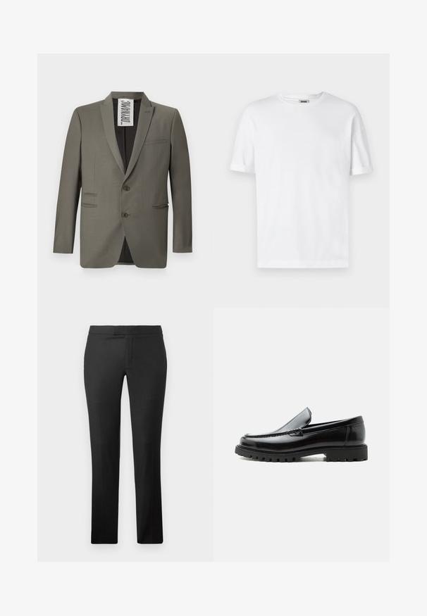 Grå blazer med skræddersyet pasform, to knapper, stiklapeller og sidelommer; glat tekstur med en subtil glans.; Hvid bomulds T-shirt med rund hals, korte ærmer og oprevet manchetter; enkel design, blød tekstur og lige snit.; Sorte lige bukser lavet af glat stof, med flad front, ingen synlige lommer og et rent talje-design.; Sort læderloafer med chunky gummisål, syet overdel og præget mærkenavn på hælen, vist i sideprofil på hvid baggrund.