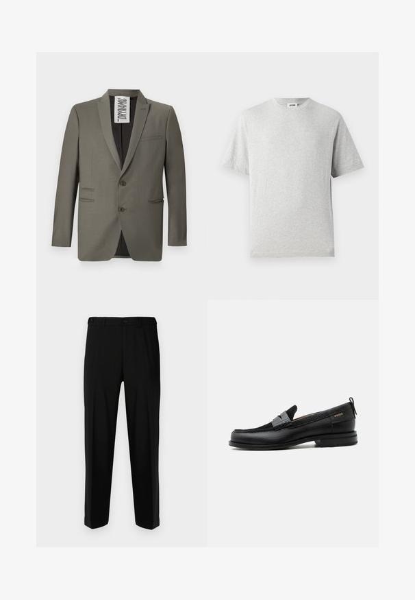 Grå blazer med skræddersyet pasform, to knapper, stiklapeller og sidelommer; glat tekstur med en subtil glans.; Grå kortærmet t-shirt lavet af blødt stof. Har rund hals, afslappet pasform og ingen mønstre eller logoer. Glat tekstur hele vejen igennem.; Sorte bukser lavet af glat stof, med lige snit, to forlommer og lynlås med knaplukning.; Sort læderloafer med grå remdetalje, lav hæl og tekstureret sål, mærket med "HUGO" i guld på siden.