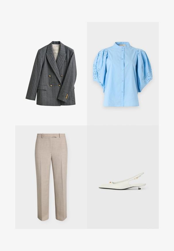 Blazer croisé gris à fines rayures avec boutons dorés et col à revers cranté, avec une étiquette à l'intérieur du col indiquant GANT.; Chemisier bleu clair boutonné avec col mandarin, manches courtes bouffantes ornées de broderies florales découpées.; Pantalon beige droit sur mesure avec passants de ceinture, fermeture éclair devant et pli marqué sur fond blanc.; Chaussures slingback en cuir blanc avec un bout pointu, des accents en métal doré et un petit talon carré. Texture lisse avec des découpes décoratives.