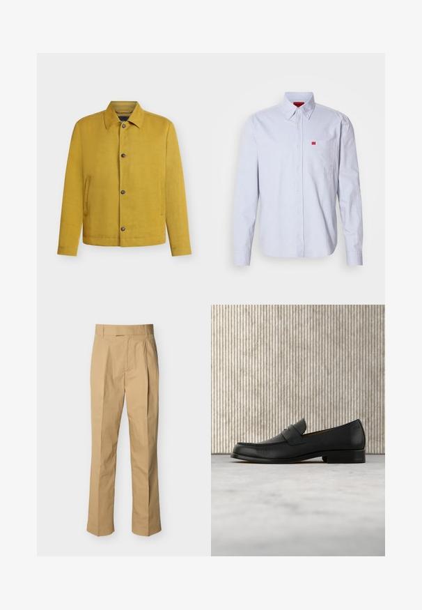 Veste jaune moutarde boutonnée avec manches longues, col et deux poches latérales verticales, affichée sur un fond clair uni.; Chemise bleu clair boutonnée, en tissu à texture lisse. Comprend un petit logo rouge sur la poche poitrine et un col à boutons.; Pantalon beige en coton lisse à taille haute, avec des plis à l'avant et des jambes droites. Aucun équipement visible ni motifs.; Mocassin en cuir noir flottant au-dessus d'un tapis beige avec une table ronde brune brillante en arrière-plan.