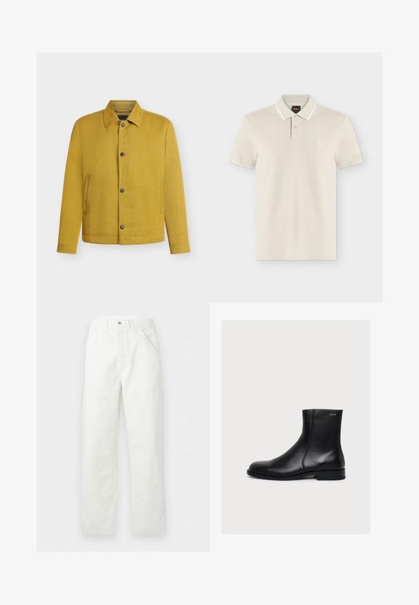 Veste jaune moutarde boutonnée avec manches longues, col et deux poches latérales verticales, affichée sur un fond clair uni.; Polo beige clair à manches courtes avec deux boutons, une bordure blanche sur le col et un petit logo carré sur la poitrine.; Pantalon blanc à jambes droites avec poches avant, passants pour ceinture et fermeture par bouton à la taille, présenté sur un fond uni.; Bottine noire en cuir lisse avec petit talon et fermeture éclair latérale, étiquetée Hugo près du bord supérieur.