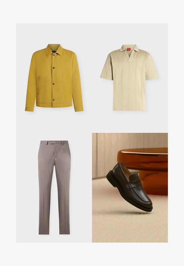 Veste jaune moutarde boutonnée avec manches longues, col et deux poches latérales verticales, affichée sur un fond clair uni.; Polo beige à manches courtes, col en V, col souple, coutures verticales subtiles et une étiquette intérieure rouge marquée "HUGO".; Pantalon beige pour homme, coupe droite, pli devant, passants de ceinture et fermeture avant dissimulée sur un fond uni.; Mocassin en cuir noir flottant au-dessus d'un tapis beige avec des meubles arrondis marron en arrière-plan.