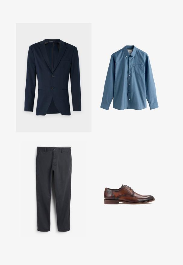 Mørkeblå blazer med klapkrave, to frontknapper og en enkelt brystlomme, lavet af et glat stof. Skræddersyet pasform.; Herres langærmede skjorte med knapper i blåt stof, der har en spids krave, en forlommer og hvide knapper langs knaplisten.; Mørkegrå chinos med flad front, sidelommer og knaplukning. Glat bomuldsstof, tapered bendesign og minimalistisk stil.; Brune læder dress sko med en glat tekstur, snørelukning, rund tå og kontrasterende mørke detaljer på hælen og syningerne.