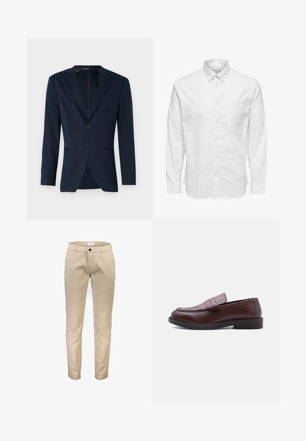 Tummansininen pukuverho, jossa on satiinireunus, kaksi etupainiketta ja yksi rintatasku, valmistettu sileästä kankaasta. Slim fit -malli.; Valkoinen pitkähihainen nappipaita, jossa on kaulus ja rintatasku, kauluksen sisäpuolella merkintä "Selected Homme".; Beiget puuvillahousut, joissa on suora lahkeen malli, etutaskut, vetoketjullinen haarakiinnitys ja yksittäinen nappisuljenta. Sileä pinta, ei kuvioita.; Ruskea nahkainen loafer mustalla pohjalla ja kirjailulla, esillä sivuprofiilissa valkoisella taustalla.