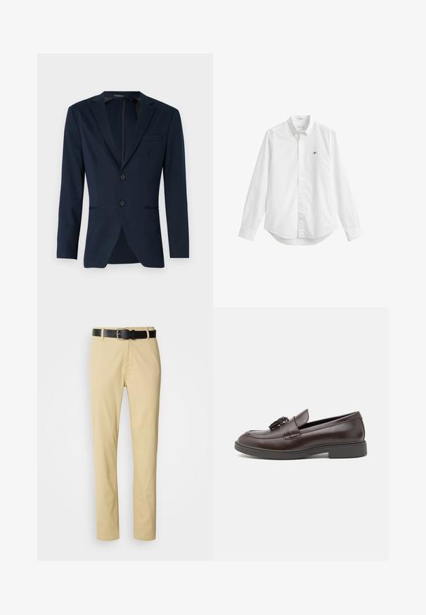 Tummansininen pukuverho, jossa on satiinireunus, kaksi etupainiketta ja yksi rintatasku, valmistettu sileästä kankaasta. Slim fit -malli.; Valkoinen pitkähihainen nappisomisteinen paita, jossa on kaulus, edessä napit ja vasemmalla rinnalla pieni brodeerattu logo.; Vaaleat puuvillahousut suoralinjaisella muotoilulla, joita pidetään paikallaan mustalla nahkavyöllä, jossa on hopeinen solki.; Ruske nahkainen loafers-kengät pyöreällä kärjellä, koristeellisella tupsulla, ommelluilla yksityiskohdilla ja matalalla kumisella korolla lisämukavuutta varten.
