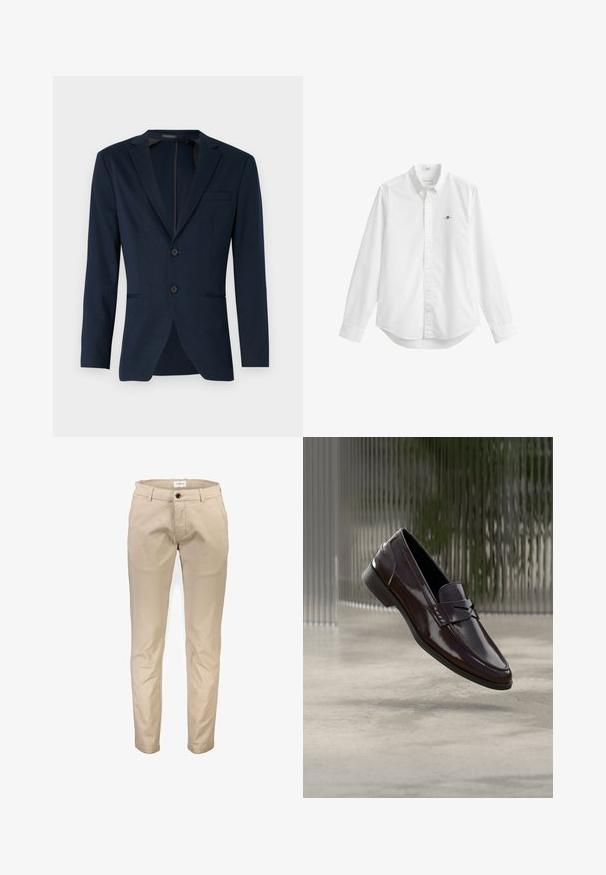 Navyblaues Blazer mit Reverskragen, zwei Frontknöpfen und einer einzelnen Brusttasche, aus einem glatten Stoff gefertigt. Passform: tailliert.; Weißes Hemd mit langen Ärmeln, Knöpfen vorne, einem Kragen und einem kleinen gestickten Logo auf der linken Brust.; Beige Baumwollhosen mit geradem Bein, ausgestattet mit Vordertaschen, Reißverschluss und einem einzelnen Knopfverschluss. Glatte Textur, ohne Muster.; Braune Leder-Loafer mit glänzendem Finish, die eine erhabene Naht und ein kleines ausgestanztes Detail an der Vorderseite aufweisen, sowie eine flache schwarze Sohle.
