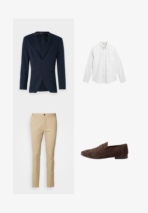Mørkeblå blazer med klapkrave, to frontknapper og en enkelt brystlomme, lavet af et glat stof. Skræddersyet pasform.; Hvid langærmet skjorte med knapper, lavet af tekstureret bomuld, med krave, forlommes og subtile sømdetaljer.; Beige chinos med slim fit, lavet af bomuld. Har en knaplukning, bæltestropper og diskrete syninger på lommerne.; Brune herre loafers i ruskind med syninger og lavt træhæl, set fra siden mod hvid baggrund.