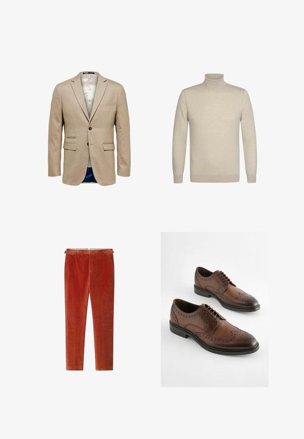 Blazer beige con una tela texturizada, que cuenta con dos bolsillos frontales, un bolsillo en el pecho y un cierre de un solo botón. Forrado en una tela ligera.; Jersey beige de manga larga con cuello alto, puños y cuello acanalados, hecho de tejido de punto fino.; Pantalones de pana en un color naranja intenso, con un diseño de pierna recta, textura sutil, passadores para cinturón y un acabado suave.; Zapatos derby de cuero marrón con diseño de brogue, punta afilada y suela de goma plana. Perforaciones intrincadas a lo largo de los bordes.