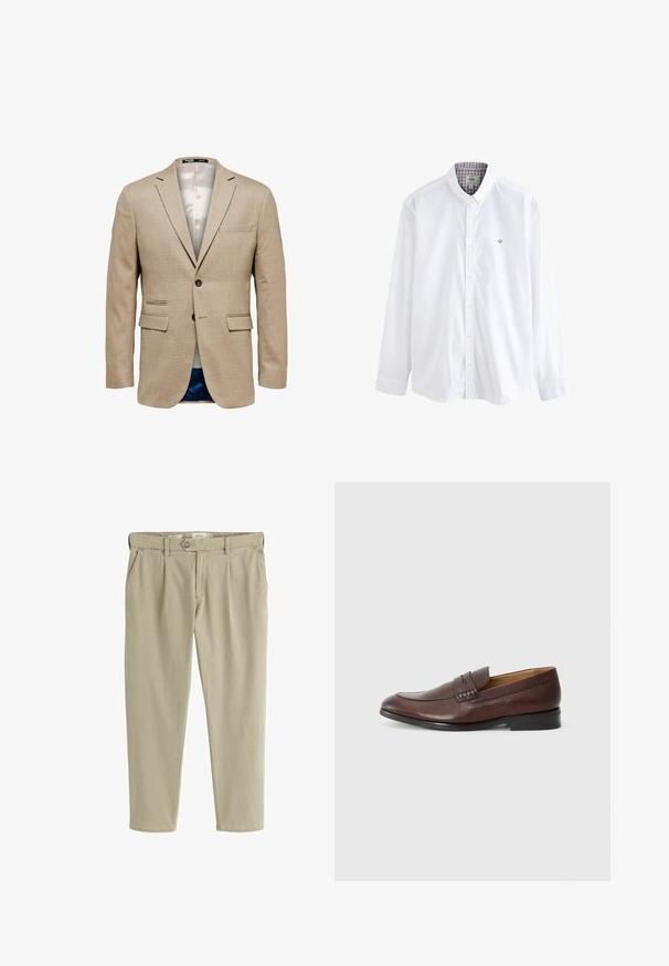 Blazer beige con una tela texturizada, que cuenta con dos bolsillos frontales, un bolsillo en el pecho y un cierre de un solo botón. Forrado en una tela ligera.; Camisa blanca de botones con cuello estructurado, que presenta un patrón de cuadros en contraste en el interior del cuello y un pequeño emblema bordado en el pecho.; Pantalones casual beige de corte recto con cierre frontal de botón y cremallera, trabillas para cinturón y bolsillos laterales.; JOOP! KLEITOS - Zapatos sin cordones - brown