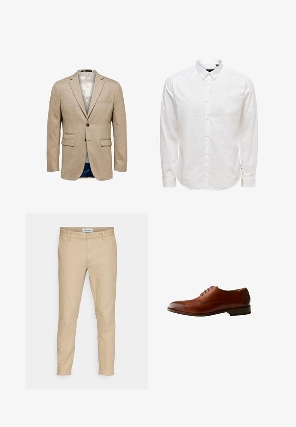 Blazer beige con una tela texturizada, que cuenta con dos bolsillos frontales, un bolsillo en el pecho y un cierre de un solo botón. Forrado en una tela ligera.; Camisa blanca de manga larga abotonada con cuello, con una textura suave y seis botones en el frente. Corte ajustado y mangas con puños.; Pantalones beige fabricados en una mezcla de algodón. Presentan un cierre de botón, bolsillos delanteros y un diseño ajustado con una textura suave.; Zapato de vestir masculino de cuero marrón con cordones cerrados, tacón bajo y acabado liso, mostrado de lado sobre un fondo blanco.