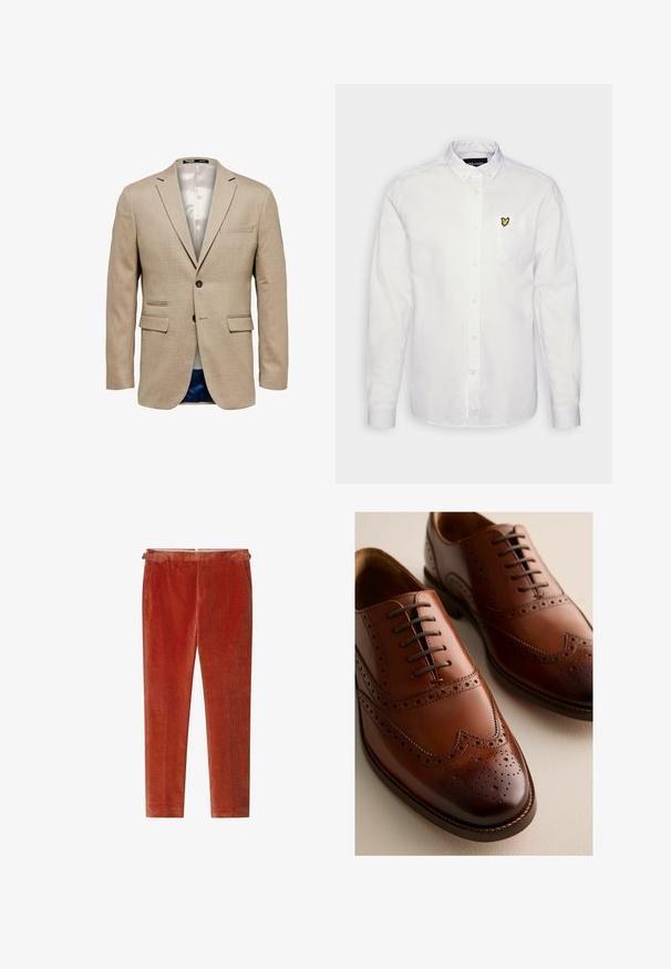 Blazer beige con una tela texturizada, que cuenta con dos bolsillos frontales, un bolsillo en el pecho y un cierre de un solo botón. Forrado en una tela ligera.; Camisa blanca de botón en tejido de algodón, con un pequeño logo de mariposa amarilla bordado en el bolsillo del pecho, mangas largas con puños de botón.; Pantalones de pana en un color naranja intenso, con un diseño de pierna recta, textura sutil, passadores para cinturón y un acabado suave.; Zapatos Oxford de cuero marrón pulido con detalles de picado y cordones cerrados sobre una superficie clara, mostrados en vistas frontal y lateral.
