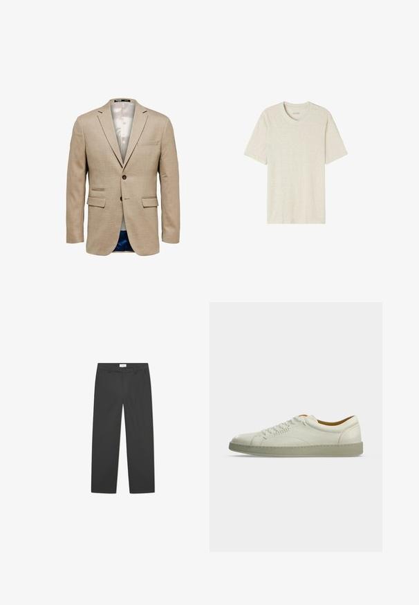 Blazer beige con una tela texturizada, que cuenta con dos bolsillos frontales, un bolsillo en el pecho y un cierre de un solo botón. Forrado en una tela ligera.; Camiseta de manga corta de color beige claro, hecha de una tela suave y texturizada, con cuello redondo y un corte relajado. Sin patrones ni acentos visibles.; Pantalones gris ajustados con corte recto, que cuentan con un cierre de botón, bolsillos laterales y una textura de tela suave.; Zapatilla blanca de piel de caña baja con suela beige, cordones laterales y detalles de costuras mínimas, mostrada sobre un fondo liso gris claro.