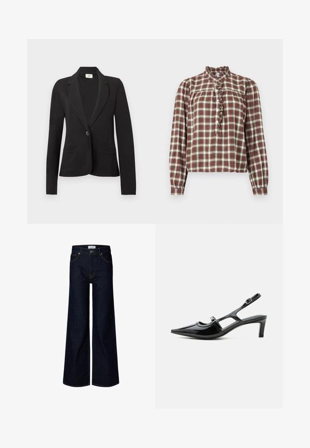 Veste noire à un bouton avec revers crantés et deux poches passepoilées à l'avant, manches longues et taille cintrée.; Blouse à manches longues à carreaux rouges, verts et crème avec col montant à volants et fermeture boutonnée devant sur fond blanc.; Jean en denim bleu foncé à jambes larges avec bouton et fermeture éclair à l'avant, passants de ceinture et poches avant, présenté sur fond blanc.; Chaussure slingback en cuir verni noir à bout pointu, petit talon et deux brides réglables avec boucles, vue de profil latéral.