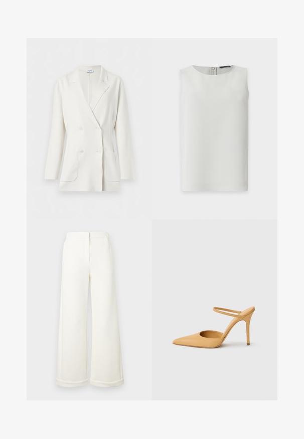 Blazer blanc croisé avec col à revers crantés, manches longues, deux poches avant et quatre boutons blancs de Filippa K.; Blouse blanche sans manches avec encolure ronde et fermeture éclair visible dans le dos, présentée sur fond blanc uni.; Pantalon blanc à jambes larges avec une texture lisse, doté d'une ceinture et de poches latérales discrètes. Les finitions de l'ourlet sont soigneusement pliées.; Chaussure à talon aiguille beige à bout pointu avec une fine bride de cheville sur fond blanc.