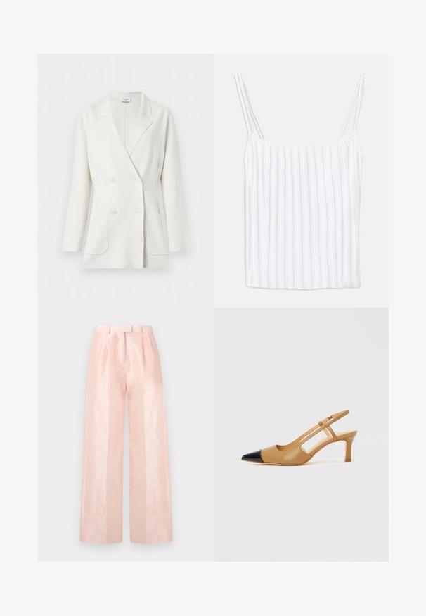 Blazer blanc croisé avec col à revers crantés, manches longues, deux poches avant et quatre boutons blancs de Filippa K.; Haut blanc sans manches avec fines bretelles spaghetti, présentant une texture côtelée verticale et un ourlet droit. Tissu léger, design minimaliste.; Pantalons à taille haute ample de couleur rose clair, présentant une texture lisse et brillante, des plis à l'avant et une ceinture assortie.; Escarpins slingback couleur fauve avec embout pointu noir, côtés découpés et talon bloc de hauteur moyenne. Matière en cuir lisse.