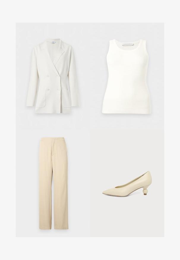 Blazer blanc croisé avec col à revers crantés, manches longues, deux poches avant et quatre boutons blancs de Filippa K.; Débardeur blanc côtelé sans manches avec encolure ronde, coupe ajustée, et étiquette de la marque à l'intérieur du col arrière.; Pantalon beige à jambes larges en tissu doux, présentant une coupe droite, une texture lisse et une ceinture classique avec un pli frontal détaillé.; Chaussure femme couleur crème à bout pointu avec un petit talon rond en forme de boule, sur fond uni.