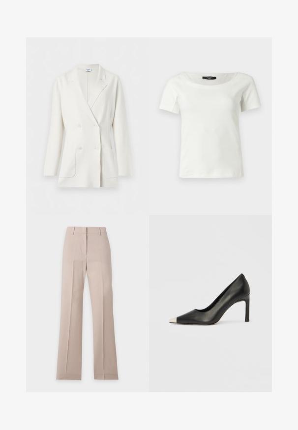 Blazer blanc croisé avec col à revers crantés, manches longues, deux poches avant et quatre boutons blancs de Filippa K.; Haut blanc en coton à manches courtes pour femmes avec un large col rond sur un fond clair uni.; Pantalon beige à jambes droites avec passants de ceinture et pli devant, présenté à plat sur fond blanc.; Chaussure à talon haut en cuir noir avec bout pointu et capuchon argenté métallique. Présente une finition lisse et un talon fin de 10 cm.