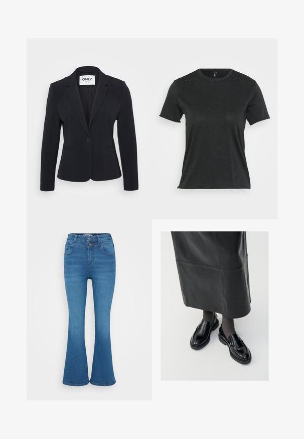ONLY Petite ONLKYRA LIFE FIT - Σακάκι - black; Μαύρο κοντομάνικο μπλουζάκι με στρογγυλή λαιμόκοψη, διακοσμημένο με διακριτές ραβδώσεις σε σχήμα καρδιάς στο μπροστινό μέρος. Μαλακό, άνετο ύφασμα.; Μπλε τζιν ανθισμένα παντελόνια με ψηλή μέση, κλείσιμο με δύο κουμπιά και διακριτική φθορά. Κλασικός σχεδιασμός με πέντε τσέπες, ομαλή υφή.; Μαύρες δερμάτινες loafers με λεία φινίρισμα, που διαθέτουν διακοσμητική ταινία, στρογγυλή μύτη και υφασμένη σόλα. Φορεμένες με μία μακριά μαύρη δερμάτινη φούστα.