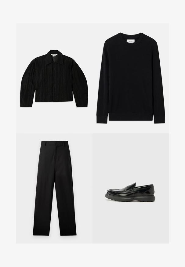 Sort cropped jakke med en tekstureret overflade, bred krave og lange, let indsnævrede ærmer. Har en skjult frontlukning.; Sort ribbet sweater med rund halsudskæring, lange ærmer og strikket tekstur. Har en lige kant og en subtil brandinglabel indeni.; Sorte bukser lavet af bomuld med lige ben-design, der har en frontknaplukning og sidelommer. Glat tekstur, ingen mønstre.; Sort læderloafer med en blank finish, rund tå, subtile syninger og en tyk gummisål for holdbarhed.