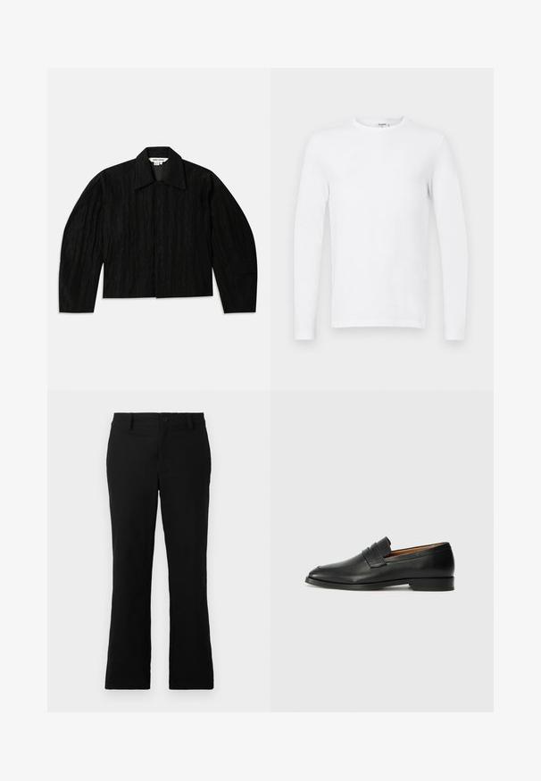 Sort cropped jakke med en tekstureret overflade, bred krave og lange, let indsnævrede ærmer. Har en skjult frontlukning.; Langærmet ensfarvet hvid crewneck skjorte vist på en flad, lysegrå baggrund.; Sorte flagrende bukser lavet af en blanding af bomuldsstof, med knaplukning, bælteløkker og en glat tekstur uden synlige mønstre.; Sort læder loafer med rund tå, diskret syning, og lav hæl, der har en glat tekstur og minimalistisk design.
