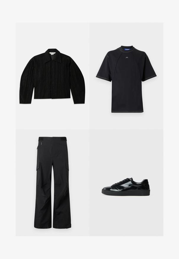 Sort cropped jakke med en tekstureret overflade, bred krave og lange, let indsnævrede ærmer. Har en skjult frontlukning.; Sort T-shirt med korte ærmer og rund hals, med kontrastsyede detaljer og et lille logo på brystet. Glat, strækbart stof.; Sorte cargo-bukser lavet af et glat, vandafvisende stof. Har brede ben, flere sidelommer og en flad talje med diskret branding.; Sorte laklæder sneakers med rund tå, snørredesign, tekstureret gummisål og en glat overflade.