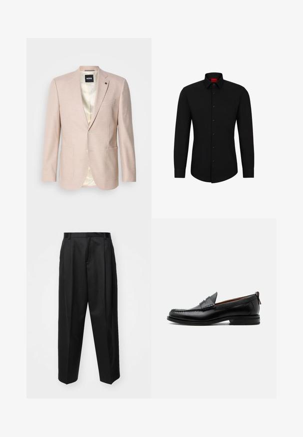 Blazer rosa claro con un sutil patrón de cuadros. Cuenta con solapa muestrada, dos bolsillos frontales y cierre de un solo botón. Forrado en su interior.; Camisa negra de manga larga con botón frontal, cuello clásico y dobladillo redondeado; cuenta con botones negros y un logotipo rojo en el interior del cuello.; Pantalones negros ajustados con cintura alta, perneras anchas y pliegues marcados. Fabricados en un tejido suave con trabillas para el cinturón y sin hardware visible.; Mocasín de hombre de piel negra con costura moc toe, tira penny, cuello texturizado y tacón bajo apilado sobre fondo blanco.
