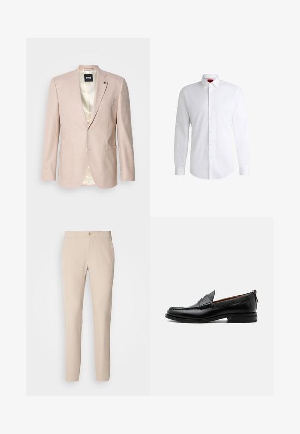 Lyserød blazer med et subtilt ternet mønster. Har en spids krave, to forreste lommer og en enkelt knaplukning. Foret inderdel.; Hvid skjorte med knapper lavet af glat stof med klassisk krave, lange ærmer og rundet kant. Har beige knapper foran.; Beige bukser lavet af blødt stof, med knaplukning, lige snit og sidelommer. Glat tekstur med minimale syninger.; Sort læder herre loafer med moc-tå syning, penny strop, struktureret krave og lav stablet hæl på hvid baggrund.