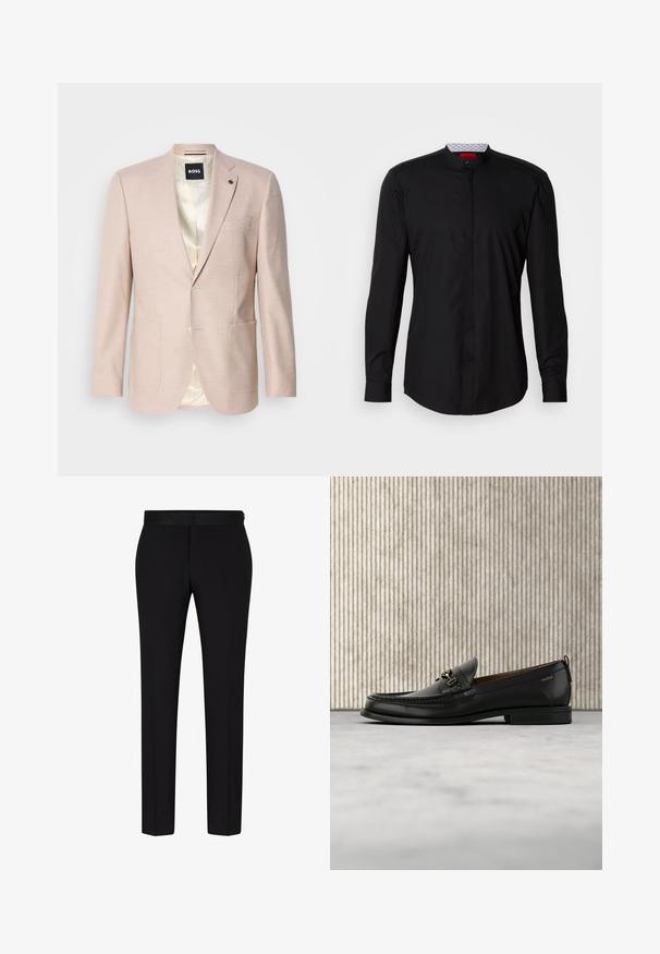 Heller rosa Blazer mit dezentem Karomuster. Verfügt über einen Reverskragen, zwei vordere Taschen und einen einzelnen Knopfverschluss. Gefüttertes Innenfutter.; Schwarzes Langarmhemd mit Stehkragen, aus glattem Stoff gefertigt, mit durchgehender Knopfleiste und subtilen Designdetails.; BOSS H GENIUS TUX 231 - Anzughose - black; Schwarzer Lederloafer mit goldfarbenem Metallbit und "HUGO"-Markenlogo, präsentiert vor einem beigen Teppich und braunen durchsichtigen Möbelstücken.