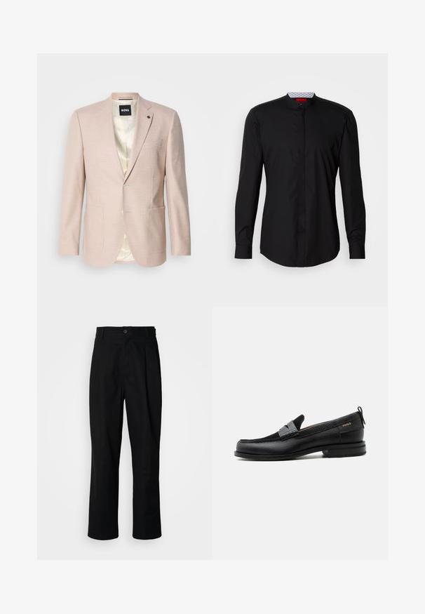 Lyserød blazer med et subtilt ternet mønster. Har en spids krave, to forreste lommer og en enkelt knaplukning. Foret inderdel.; Sort langærmet skjorte med mandarin-krave, lavet af et glat stof, med knaplukning foran og diskrete designdetaljer.; Sorte lige ben bukser med en knaplukket talje, bæltestropper og en frontfold, præsenteret mod en ensfarvet hvid baggrund.; Sort læderloafer med grå remdetalje, lav hæl og tekstureret sål, mærket med "HUGO" i guld på siden.