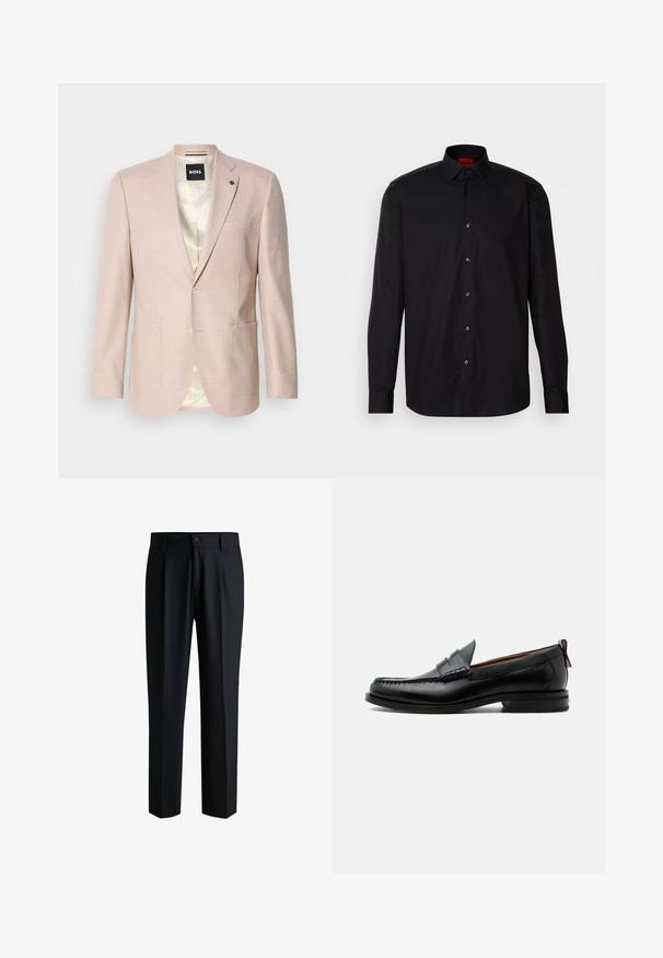 Lichtroze blazer met een subtiel ruitpatroon. Heeft een geknipt revers, twee voorzakken en een sluiting met één knop. Gevoerd interieur.; Zwarte longsleeve shirt van gladde stof, met een klassieke kraag, knoopsluiting aan de voorkant en een getailleerde pasvorm.; Zwarte broek van gladde stof, met een rechte pijpdesign, plooien aan de voorkant en een knoopsluiting met riemlussen.; Zwarte leren herensloffen met moc toe stiksel, pennyriem, gestructureerde kraag en lage gestapelde hak op witte achtergrond.