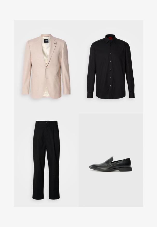 Blazer rose clair avec un motif à carreaux subtil. Présente un col cranté, deux poches avant et une fermeture à un bouton. Intérieur doublé.; Chemise noire à manches longues en tissu lisse, avec un col classique, un fermeture à boutons à l'avant et une coupe ajustée.; Pantalons noirs à jambes droites avec une taille à bouton, passants de ceinture et pli avant, présentés sur un fond blanc uni.; Mocassins en cuir noir avec une texture lisse, un nez pointu et un petit talon rectangulaire. Présente un détail de bande horizontale sur le dessus.