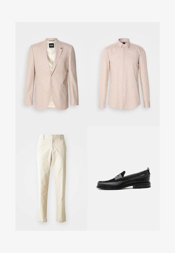 Heller rosa Blazer mit dezentem Karomuster. Verfügt über einen Reverskragen, zwei vordere Taschen und einen einzelnen Knopfverschluss. Gefüttertes Innenfutter.; Helles rosa Langarmhemd mit einem Button-Down-Kragen, subtilen Streifenmustern und gestickten runden Motiven.; Hellbeige maßgeschneiderte Hose mit strukturiertem Muster, geradem Beinanschnitt und mittelhoher Taille, mit Gürtelschlaufen und ohne sichtbare Taschen.; Schwarzer Lederloafer mit grauem Riemendetail, niedrigem Absatz und strukturierter Sohle, seitlich mit „HUGO“ in Gold gebrandmarkt.