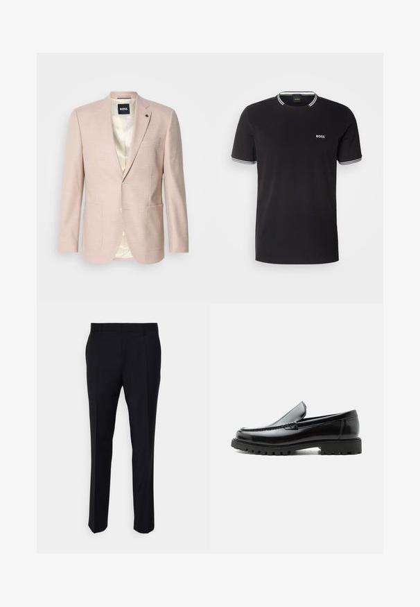 Heller rosa Blazer mit dezentem Karomuster. Verfügt über einen Reverskragen, zwei vordere Taschen und einen einzelnen Knopfverschluss. Gefüttertes Innenfutter.; Schwarzes Baumwoll-T-Shirt mit weißem Besatz am Kragen und an den Ärmeln, das ein kleines weißes "BOSS"-Logo auf der linken Brust trägt.; Schwarze Hose aus gewebtem Stoff, mit taillierter Passform, flachem Bund, seitlichen Taschen und geradem Bein.; Schwarzer Lederloafer mit grober Gummisohle, genähter Oberseite und geprägtem Markennamen an der Ferse, seitlich auf weißem Hintergrund gezeigt.