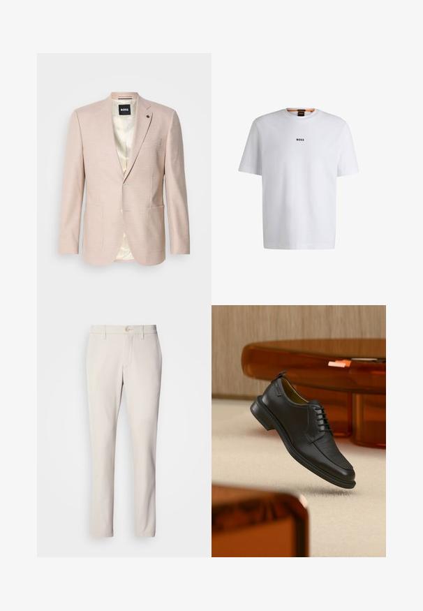 Lyserød blazer med et subtilt ternet mønster. Har en spids krave, to forreste lommer og en enkelt knaplukning. Foret inderdel.; Hvid bomuld T-shirt med korte ærmer, med et sort "BOSS" logo centreret på brystet og en rund halsudskæring.; Beige bukser med slim fit, der har en frontknaplukning, flad frontdesign og lige ben, lavet af glat bomuldsblandingsstof.; Sort lædersko med snørebånd og tekstureret front, svævende over beige tæppe i et moderne rum med møbler i ravfarvet toning.