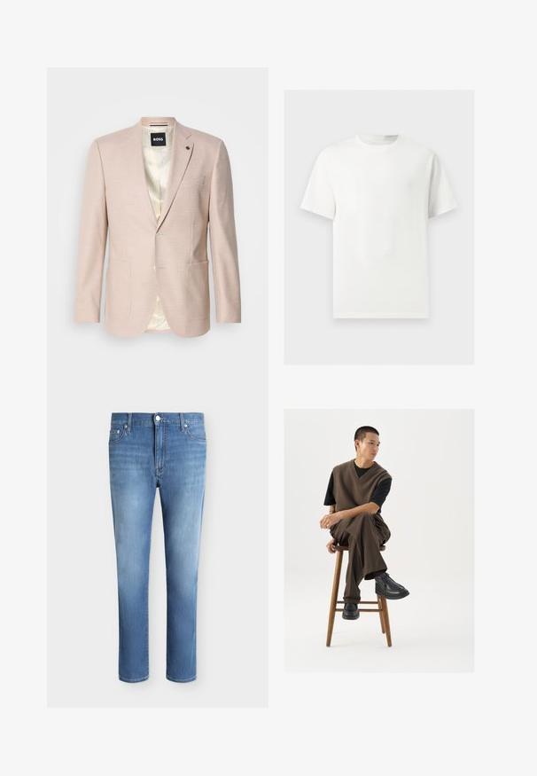Lichtroze blazer met een subtiel ruitpatroon. Heeft een geknipt revers, twee voorzakken en een sluiting met één knop. Gevoerd interieur.; Effen wit T-shirt met korte mouwen en ronde hals, weergegeven op een lichtgrijze achtergrond.; Lichtblauwe rechte denim spijkerbroek met knoopsluiting aan de voorkant, rits, riemlussen en vijfzakkenontwerp op een effen achtergrond.; Bruin gebreid vest over een zwart t-shirt, gecombineerd met bruine wijde broek en zwarte chunky schoenen, zittend op een houten kruk.