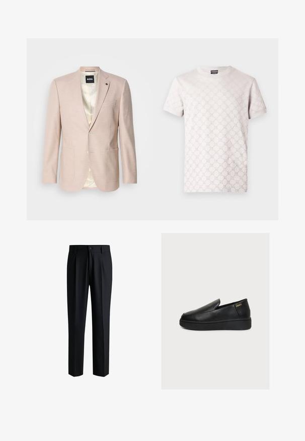 Heller rosa Blazer mit dezentem Karomuster. Verfügt über einen Reverskragen, zwei vordere Taschen und einen einzelnen Knopfverschluss. Gefüttertes Innenfutter.; Hellgraues T-Shirt mit dezent strukturiertem Muster, Rundhalsausschnitt und kurzen Ärmeln. Hergestellt aus weichem Baumwollmaterial.; Schwarze Hose aus glattem Stoff, mit geradem Bein-Design, Falten vorne und einem Knopfverschluss mit Gürtelschlaufen.; Schwarzer Leder-Slipper mit dicker Sohle und kleinem goldenem "HUGO"-Logo nahe der Ferse auf hellem Hintergrund.