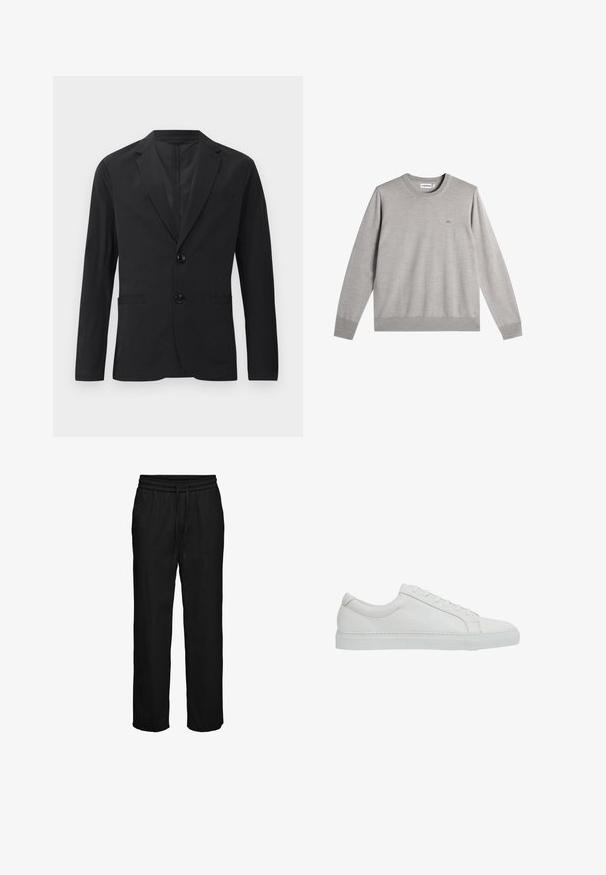 Sort blazer lavet af glat stof, med en to-knaps lukning, spidse lapeller og to frontlommer. Ingen synlige mønstre eller accenter.; Lysegrå langærmet crewneck sweater med ribstrikkede manchetter og kant, lille broderet logo på venstre brystområde.; Sorte afslappede bukser med elastisk talje og snøre, med lige ben og sidelommer.; Reiss REGULAR FIT - LUCA TUMBLED - Sneakers - white