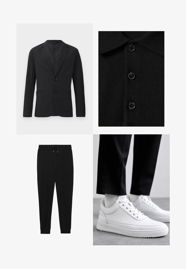 Blazer negro de tela suave, con cierre de dos botones, solapas puntiagudas y dos bolsillos frontales. Sin patrones ni acentos visibles.; Polo de punto negro con cuello y tres botones redondos, confeccionado en una tela lisa y texturizada. Diseño elegante y minimalista.; Pantalones deportivos negros con cintura ajustable, piernas ajustadas y puños acanalados. Hechos de una tela suave con una textura lisa.; Zapatillas de cuero blanco con una suela de goma plana, que presentan un acabado suave, punta redonda y ojetes de metal para los cordones. Llevadas con pantalones negros.