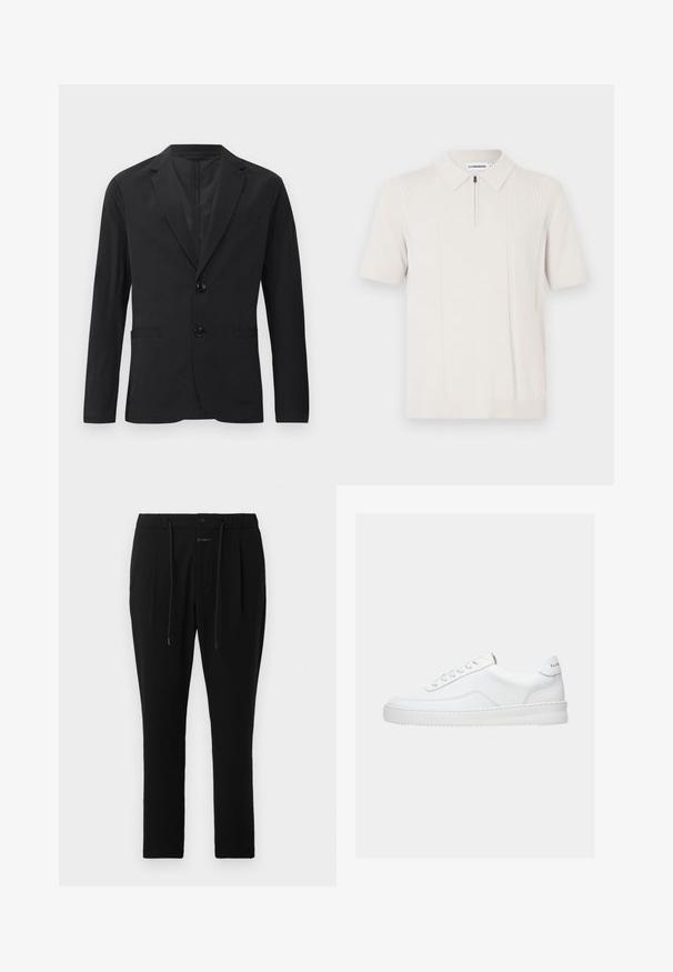 Zwarte blazer van gladde stof, met een sluiting van twee knopen, pieklapels en twee voorkruipzakken. Geen zichtbare patronen of accenten.; Roomkleurig poloshirt met korte mouwen en een rits aan de kraag, voorzien van een verticale gestreepte structuur aan beide zijden en een geribde zoom.; CLOSED VIGO TAPERED - Chino - dark night; Witte lage sneaker met vetersluiting, glad leren bovenwerk en dikke zool, gezien vanuit de zijkant tegen een effen achtergrond.