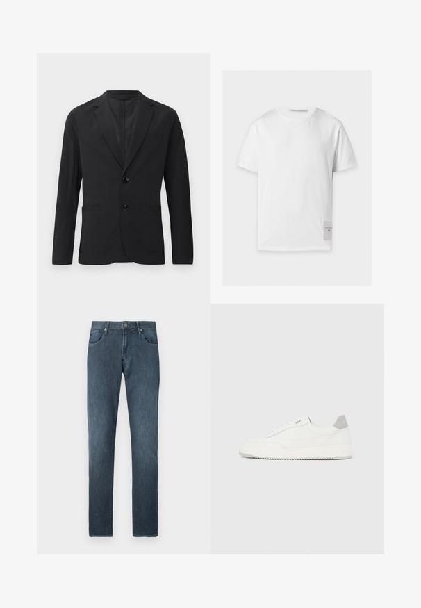Blazer negro de tela suave, con cierre de dos botones, solapas puntiagudas y dos bolsillos frontales. Sin patrones ni acentos visibles.; Camiseta blanca lisa de manga corta con escote redondo y una pequeña etiqueta rectangular con texto de la marca cerca del dobladillo inferior en el lado derecho.; Vaqueros de mezclilla azul oscuro con diseño de pierna recta, cinco bolsillos, cierre frontal con botón y detalles de costura sutiles.; Zapatilla blanca de corte bajo con pestaña en el talón gris, cordones blancos y suela texturizada, presentada sobre un fondo claro y liso.