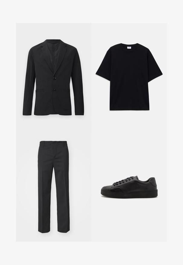 Sort blazer lavet af glat stof, med en to-knaps lukning, spidse lapeller og to frontlommer. Ingen synlige mønstre eller accenter.; Sort oversized T-shirt med korte ærmer og rund halsudskæring, med synlig Filippa K mærke indeni kraven.; Filippa K TROY TROUSERS - Bukser - black; Sorte lædersneakers med rund tå, flad sål og traditionel snøring. Har en glat tekstur og diskrete detaljer på siden.