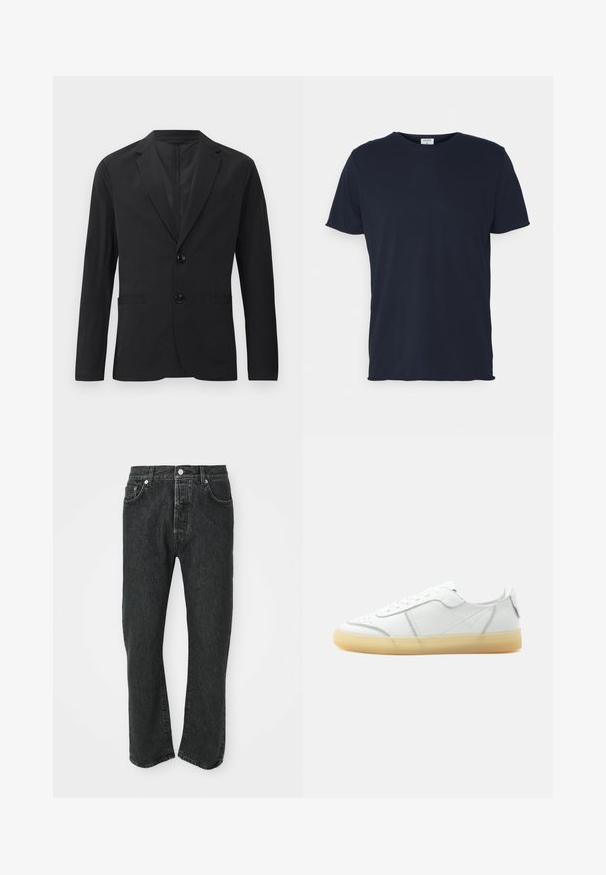 Sort blazer lavet af glat stof, med en to-knaps lukning, spidse lapeller og to frontlommer. Ingen synlige mønstre eller accenter.; Marineblå bomulds t-shirt med rund hals og korte ærmer, med en glat tekstur og enkel design, uden synlige mønstre eller accenter.; Sorte lige bukser i denim med frontknap og lynlås, front- og baglommer synlige på en hvid baggrund.; Hvid lavtop læder sneaker med beige gennemsigtig sål, snørelukning foran og minimal syning, vist fra siden mod en ensfarvet baggrund.