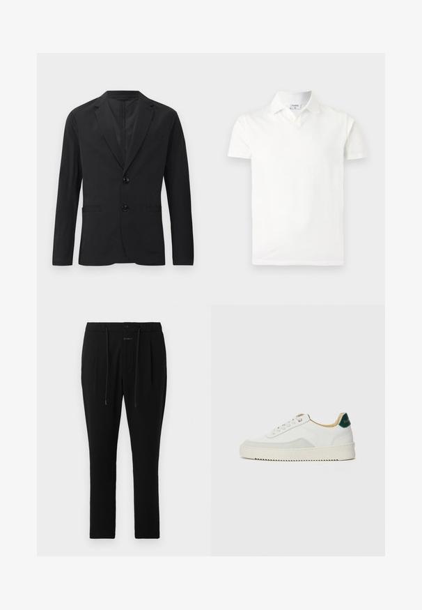 Blazer negro de tela suave, con cierre de dos botones, solapas puntiagudas y dos bolsillos frontales. Sin patrones ni acentos visibles.; Polo blanco de manga corta con cuello y una pequeña etiqueta dentro del cuello que dice "FILIPPA K", mostrado sobre un fondo liso y claro.; CLOSED VIGO TAPERED - Pantalones chinos - dark night; Zapatilla blanca con acentos de ante, puntera redondeada, cordones planos y suela de goma color crema. Presenta un logo verde en el talón.