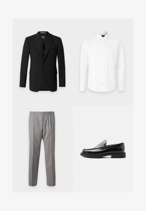 Sort blazer med spidse klapper, enknapsdesign, to knapper og to frontlommer. Glat stof og skræddersyet pasform.; Hvid langærmet skjorte lavet af bomuld. Har en knap-ned krave, frontlukning med knapper i pink og buet bund.; Grå, stribede bukser med skræddersyet pasform, der har foranfald, bæltestropper og en glat struktur. Lige ben design, rene manchetter.; Sort læderloafer med chunky gummisål, syet overdel og præget mærkenavn på hælen, vist i sideprofil på hvid baggrund.