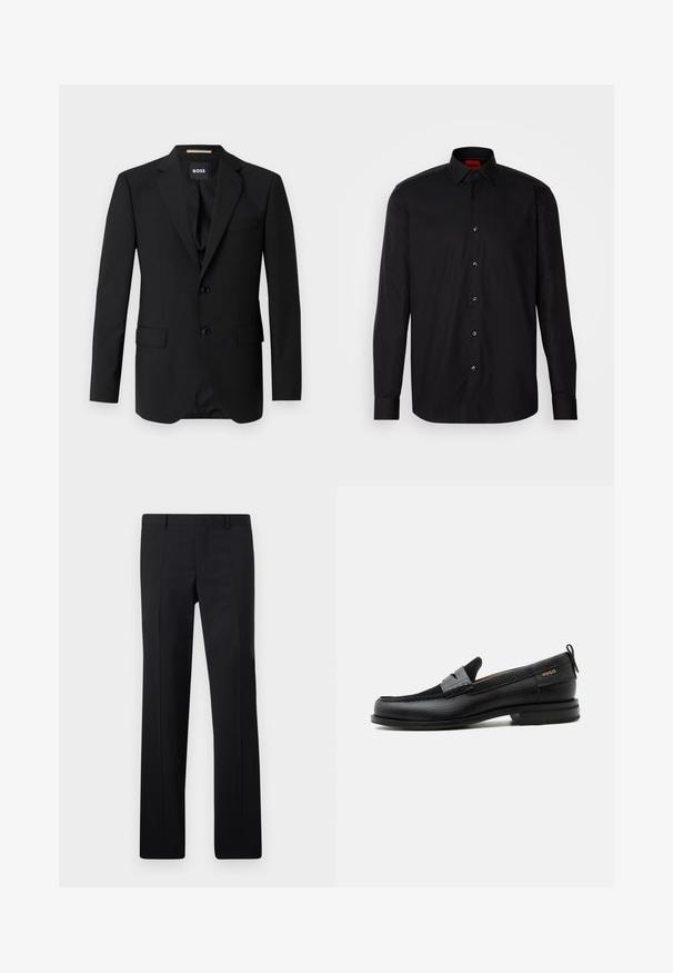 Zwart colbert met notched kleppen, enkelsluiting, twee knopen en twee voorzakken. Glad materiaal en op maat gemaakte pasvorm.; Zwarte longsleeve shirt van gladde stof, met een klassieke kraag, knoopsluiting aan de voorkant en een getailleerde pasvorm.; Zwarte op maat gemaakte pantalon met een recht model, scherpe plooien en een gladde afwerking. Gemaakt van lichtgewicht stof met een strakke tailleband.; Zwarte leren loafer met grijs riemdetailelement, lage hak en gestructureerde zool, aan de zijkant gebrandmerkt met "HUGO" in goud.